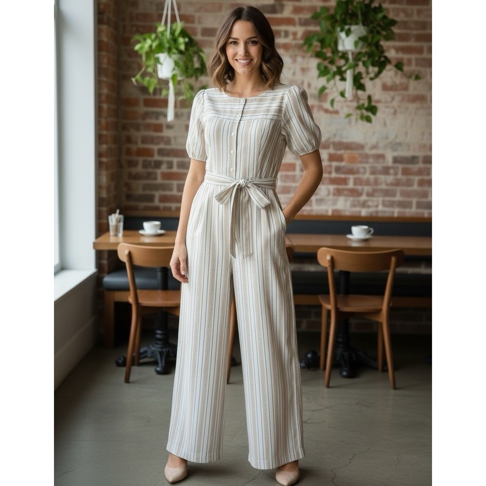 Chaps Tan / Cream Striped Jumpsuit Women's Size 16 Belted Waist Shrt Slv Pockets